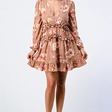 FLORAL CHIFFON V-NECK MINI DRESS