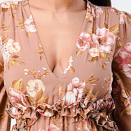 FLORAL CHIFFON V-NECK MINI DRESS