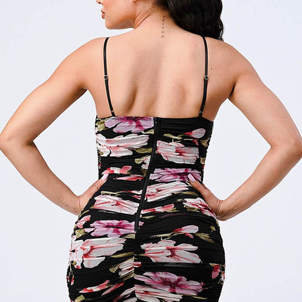 FLORAL MESH RUCHED BODYCON MINI DRESS