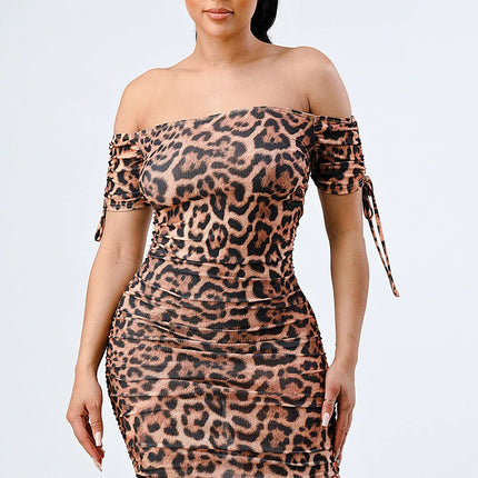 LEOPARD PRINT SHIRRING BODYCON DRESS