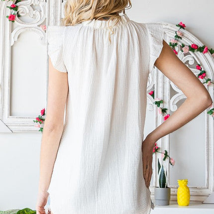 SOLID RUFFLE MOCK NECK BLOUSE