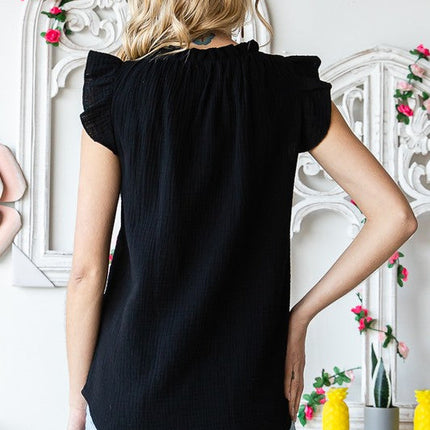 SOLID RUFFLE MOCK NECK BLOUSE
