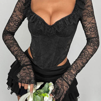 Romantic Ruffled Lace Long Sleeve Corset Top
