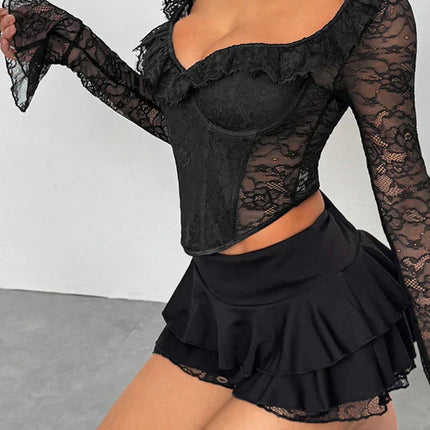 Romantic Ruffled Lace Long Sleeve Corset Top