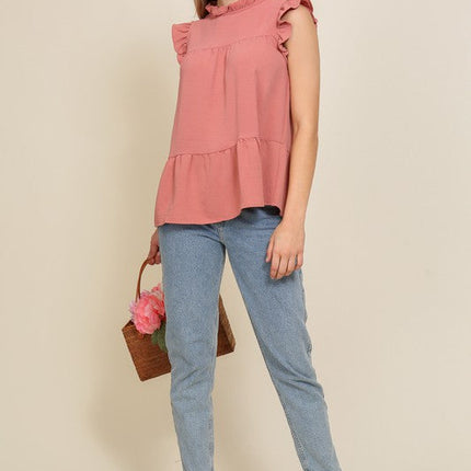BABYDOLL TOP WITH RUFFLE SLEEVES AND NECKLINE