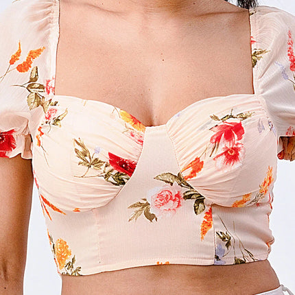 FLORAL CHIFFON SMOCKED SWEETHEART TOP