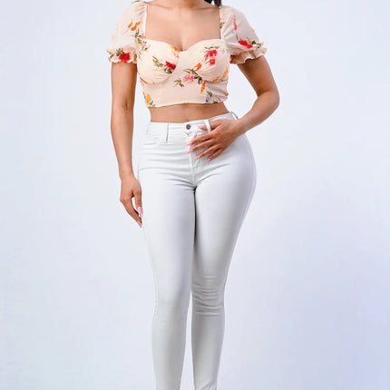 FLORAL CHIFFON SMOCKED SWEETHEART TOP