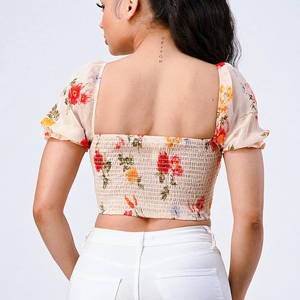 FLORAL CHIFFON SMOCKED SWEETHEART TOP