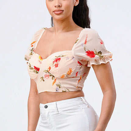 FLORAL CHIFFON SMOCKED SWEETHEART TOP