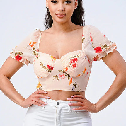 FLORAL CHIFFON SMOCKED SWEETHEART TOP
