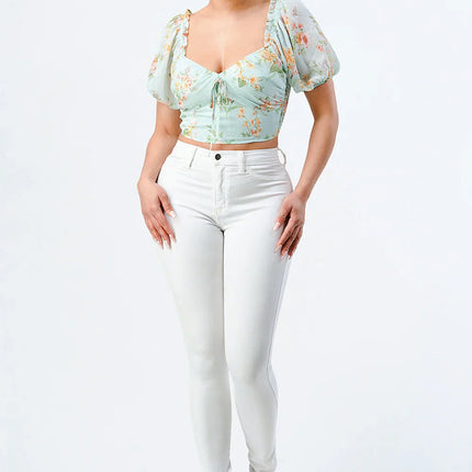 FLORAL CHIFFON SMOCKED SWEETHEART TOP
