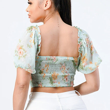 FLORAL CHIFFON SMOCKED SWEETHEART TOP