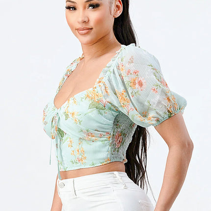 FLORAL CHIFFON SMOCKED SWEETHEART TOP