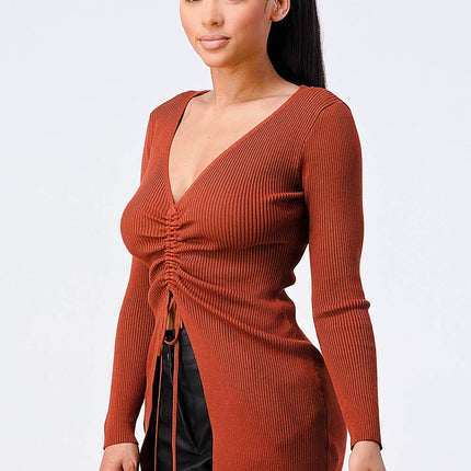SWEATER KNIT RUCHED LONG SLEEVES TOP