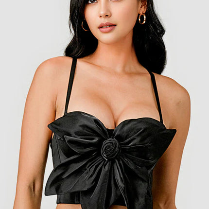 BUTTERFLY BOW FLORAL TRIM KNOT BUSTIER CROP TOP