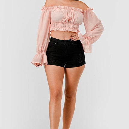 Off Shoulder Ruffle Trim Knot Sleeve Crop Top