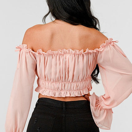 Off Shoulder Ruffle Trim Knot Sleeve Crop Top