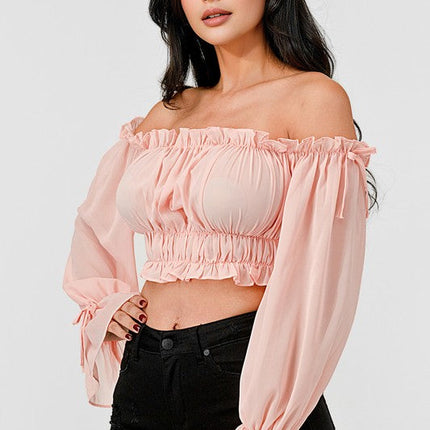 Off Shoulder Ruffle Trim Knot Sleeve Crop Top
