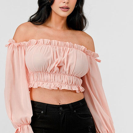 Off Shoulder Ruffle Trim Knot Sleeve Crop Top