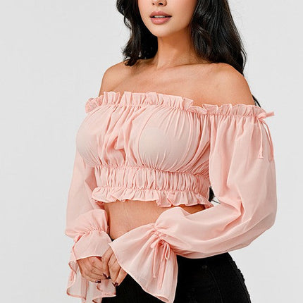 Off Shoulder Ruffle Trim Knot Sleeve Crop Top
