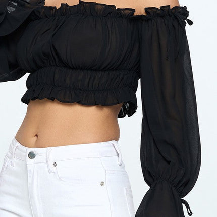 Off Shoulder Ruffle Trim Knot Sleeve Crop Top