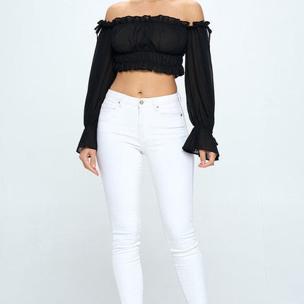 Off Shoulder Ruffle Trim Knot Sleeve Crop Top