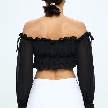 Off Shoulder Ruffle Trim Knot Sleeve Crop Top