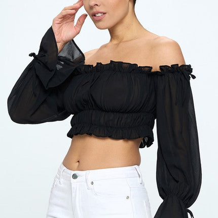 Off Shoulder Ruffle Trim Knot Sleeve Crop Top
