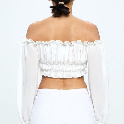 Off Shoulder Ruffle Trim Knot Sleeve Crop Top