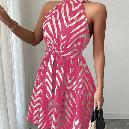 Zebra Print Halter Neck Tie Waist Ruffle Hem Dress