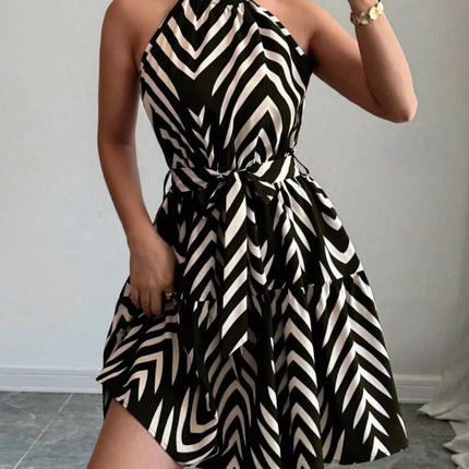 Zebra Print Halter Neck Tie Waist Ruffle Hem Dress