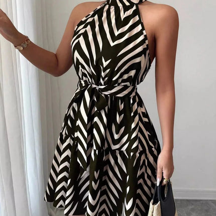Zebra Print Halter Neck Tie Waist Ruffle Hem Dress