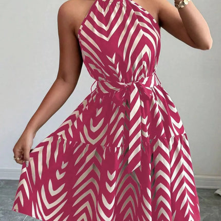 Zebra Print Halter Neck Tie Waist Ruffle Hem Dress