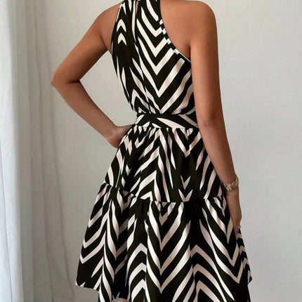Zebra Print Halter Neck Tie Waist Ruffle Hem Dress