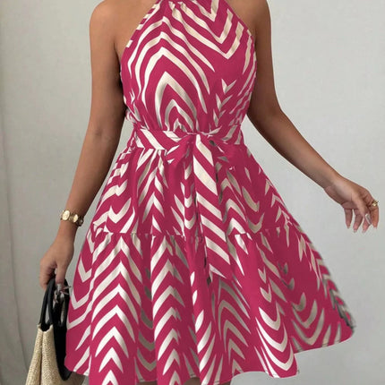 Zebra Print Halter Neck Tie Waist Ruffle Hem Dress