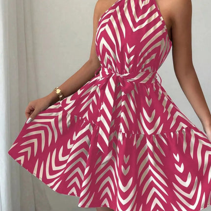 Zebra Print Halter Neck Tie Waist Ruffle Hem Dress
