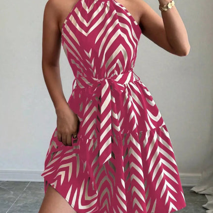 Zebra Print Halter Neck Tie Waist Ruffle Hem Dress