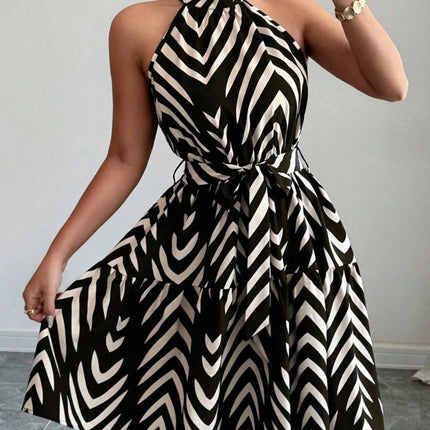 Zebra Print Halter Neck Tie Waist Ruffle Hem Dress