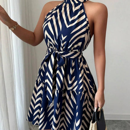 Zebra Print Halter Neck Tie Waist Ruffle Hem Dress