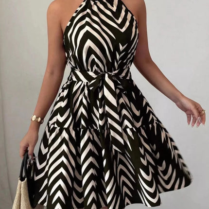 Zebra Print Halter Neck Tie Waist Ruffle Hem Dress