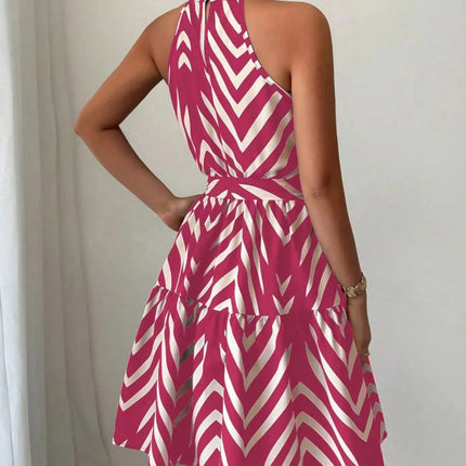 Zebra Print Halter Neck Tie Waist Ruffle Hem Dress
