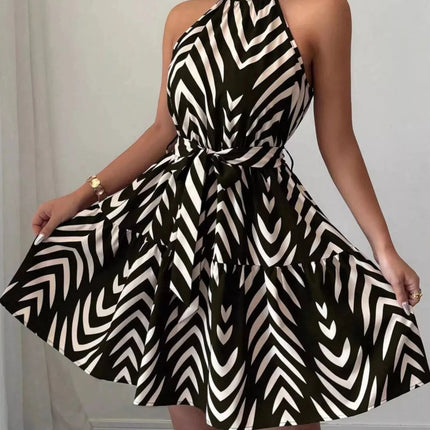Zebra Print Halter Neck Tie Waist Ruffle Hem Dress